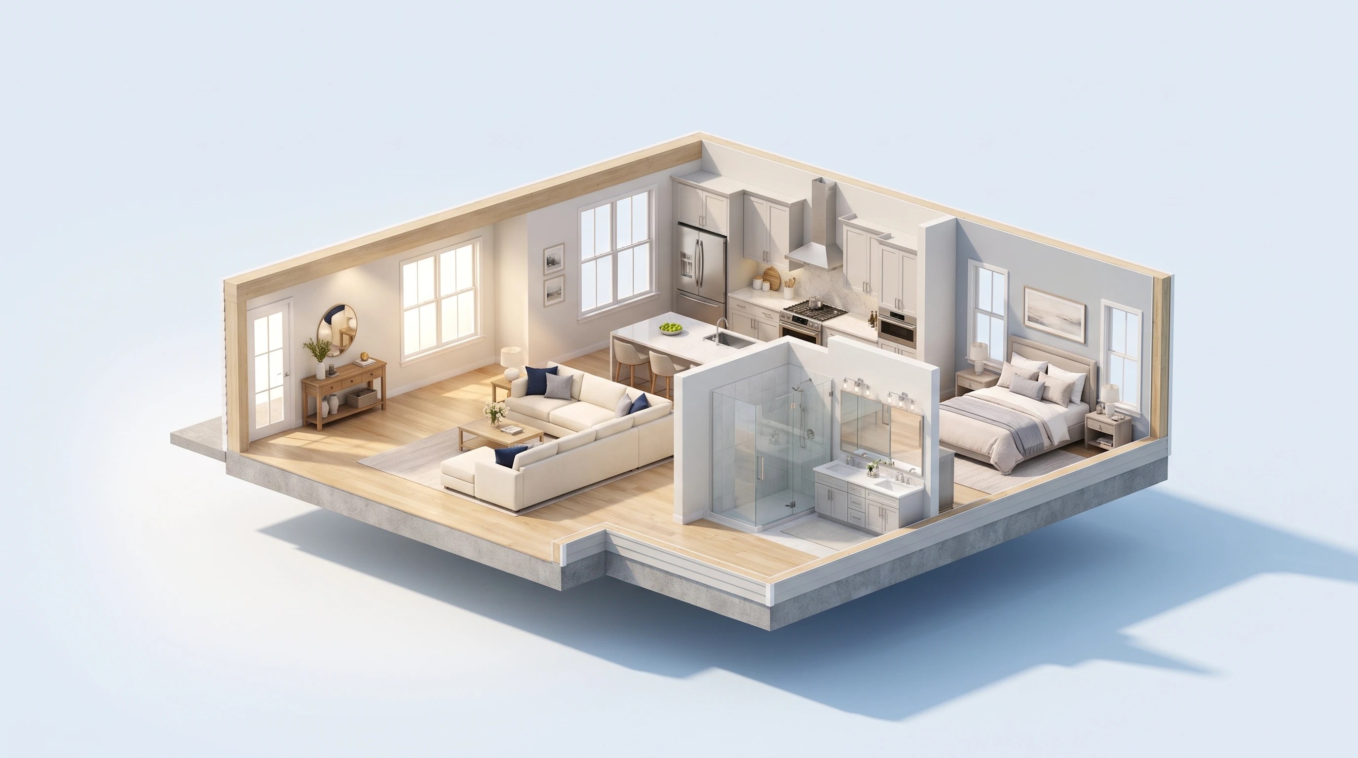 Vista tridimensional dos ambientes de uma casa no site Loom Cleaning Services
